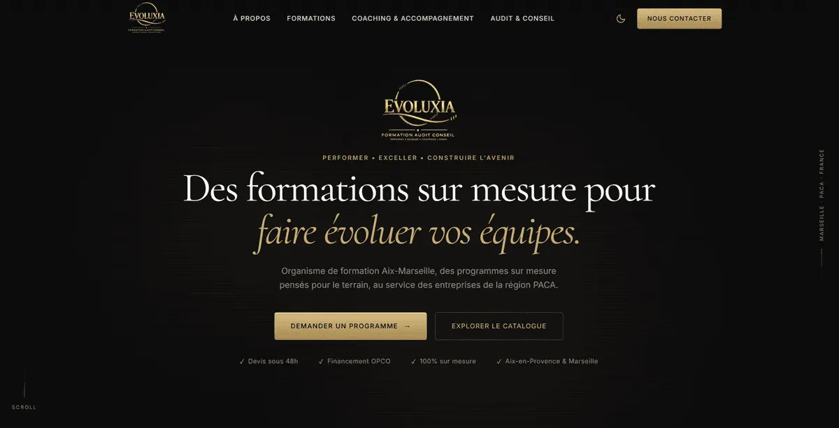 Site d'Evoluxia, organisme de formation à Aix-Marseille, réalisé par Scalyx